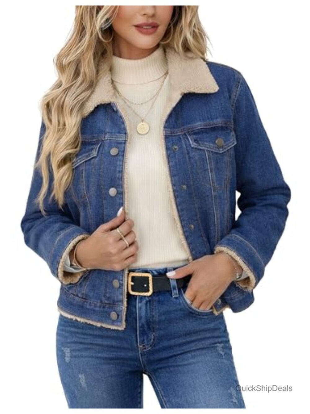 Sherpa Lined Denim Jacket Fleece Fur Collared Button Down Trucker Coat Pockets